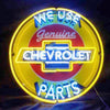 Round neon sign with WE USE top text, Chevrolet bowtie, Genuine Parts