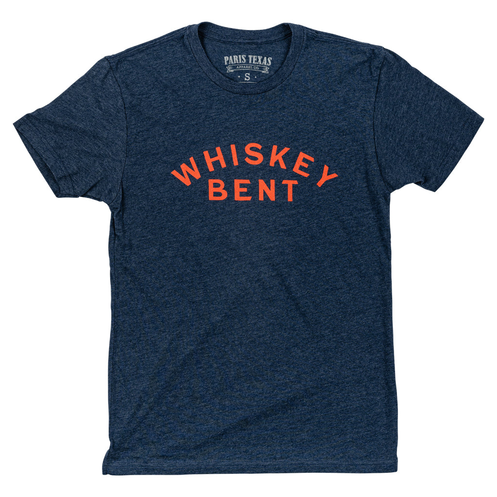 Midnight navy crewneck T-shirt with Whiskey Bent logo print, orange letters