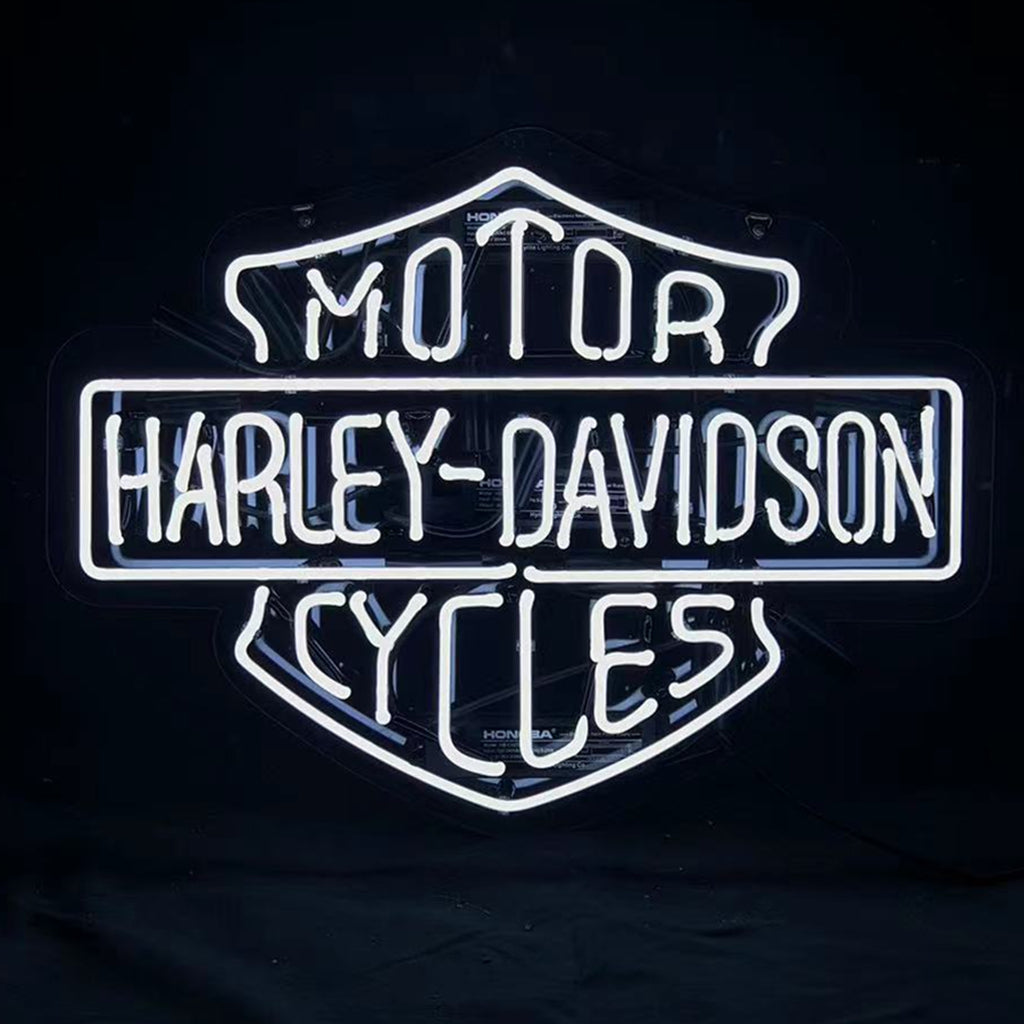 Harley-Davidson motorcycle neon sign with white-blue glowing Harley text and logo