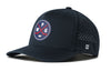 Navy 5-panel hockey snapback hat with round logo patch and perforated side panels.