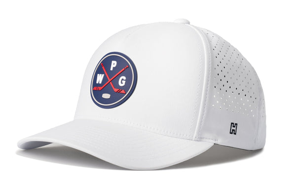White 5-panel hockey snapback hat with round logo patch, perforated side, and small H mark.
