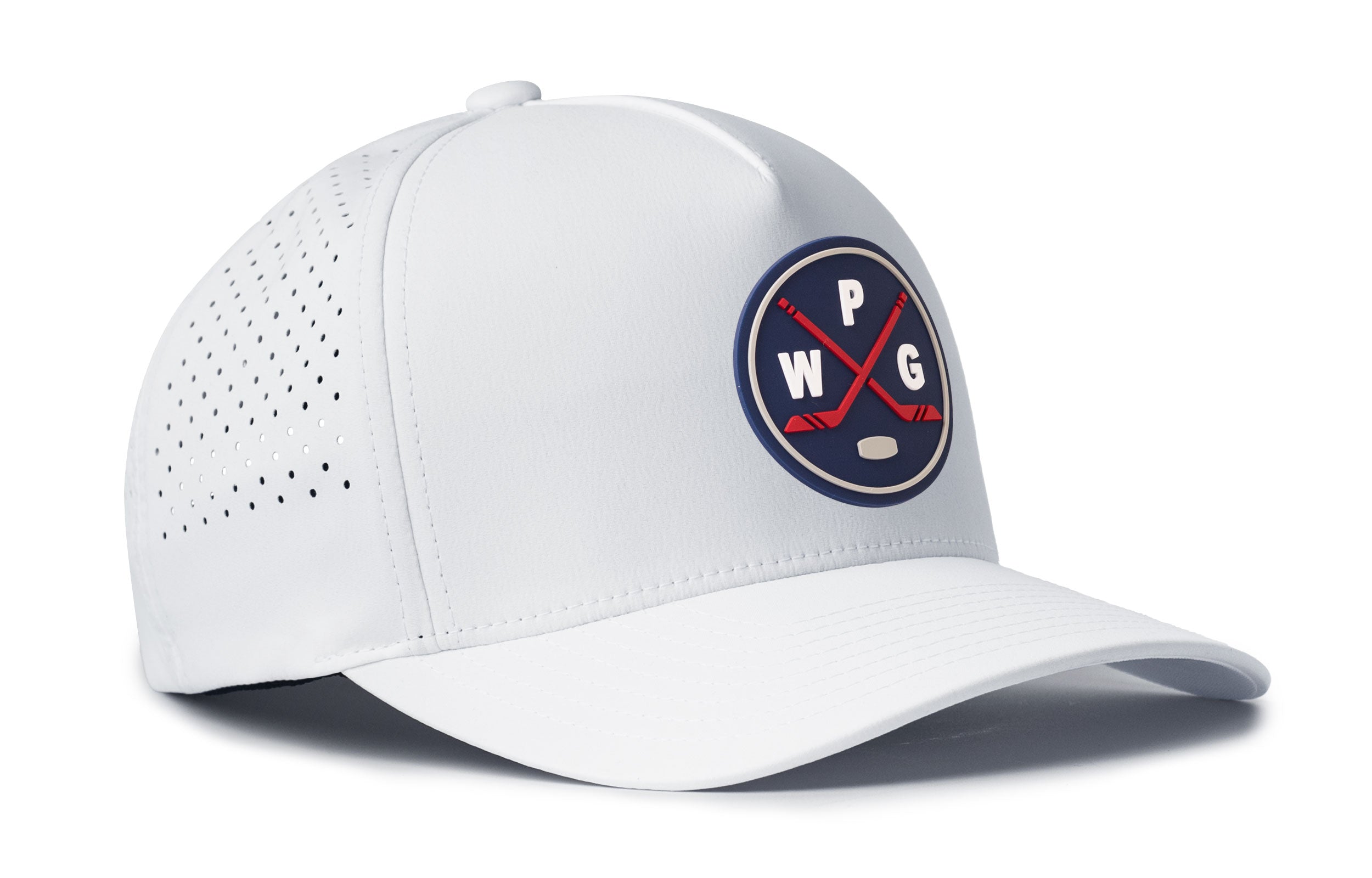White 5-panel snapback hat with round logo patch, perforated side panel, and curved brim.