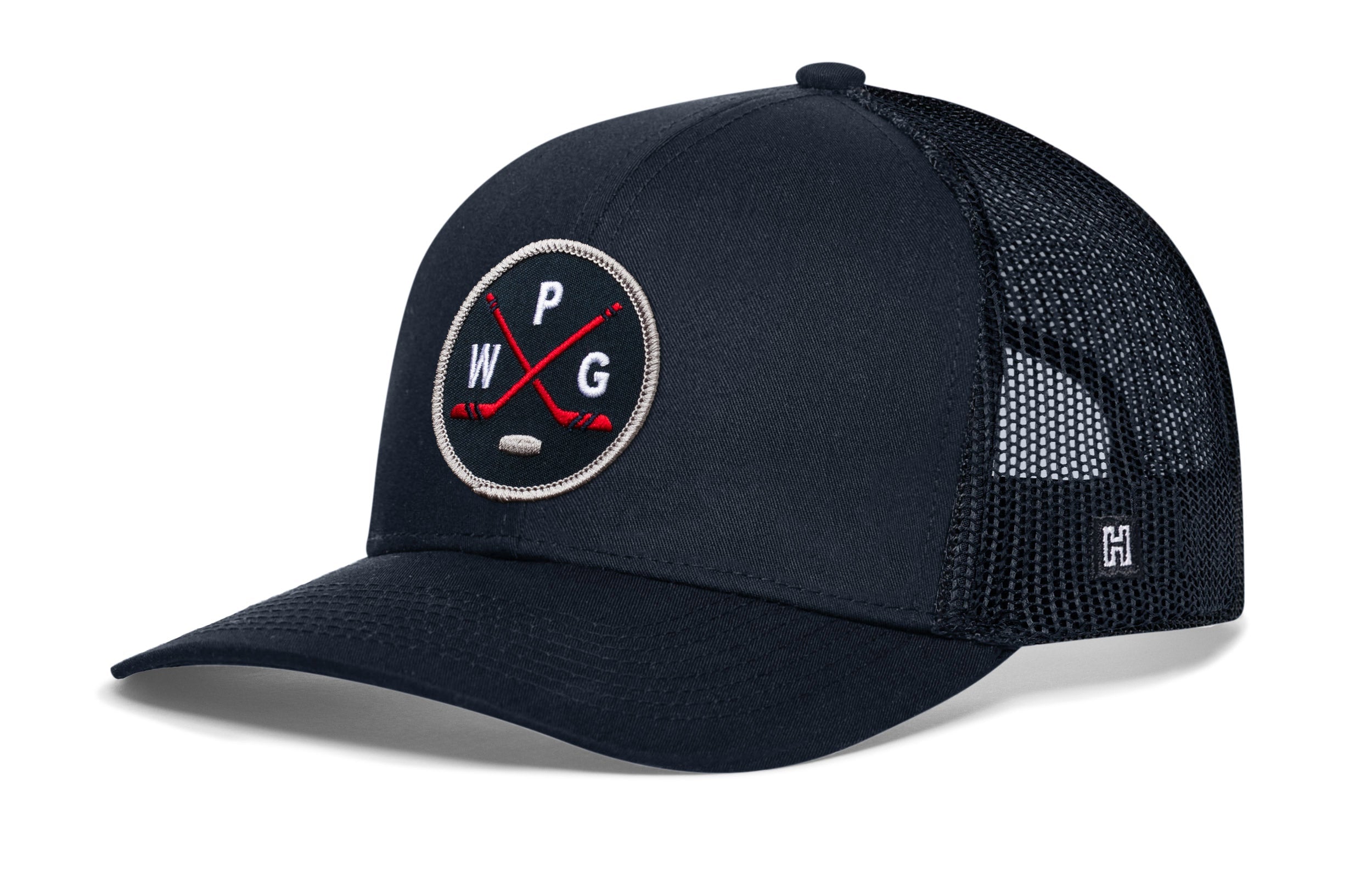 Navy hockey trucker hat with snapback and front logo patch, black mesh side panels