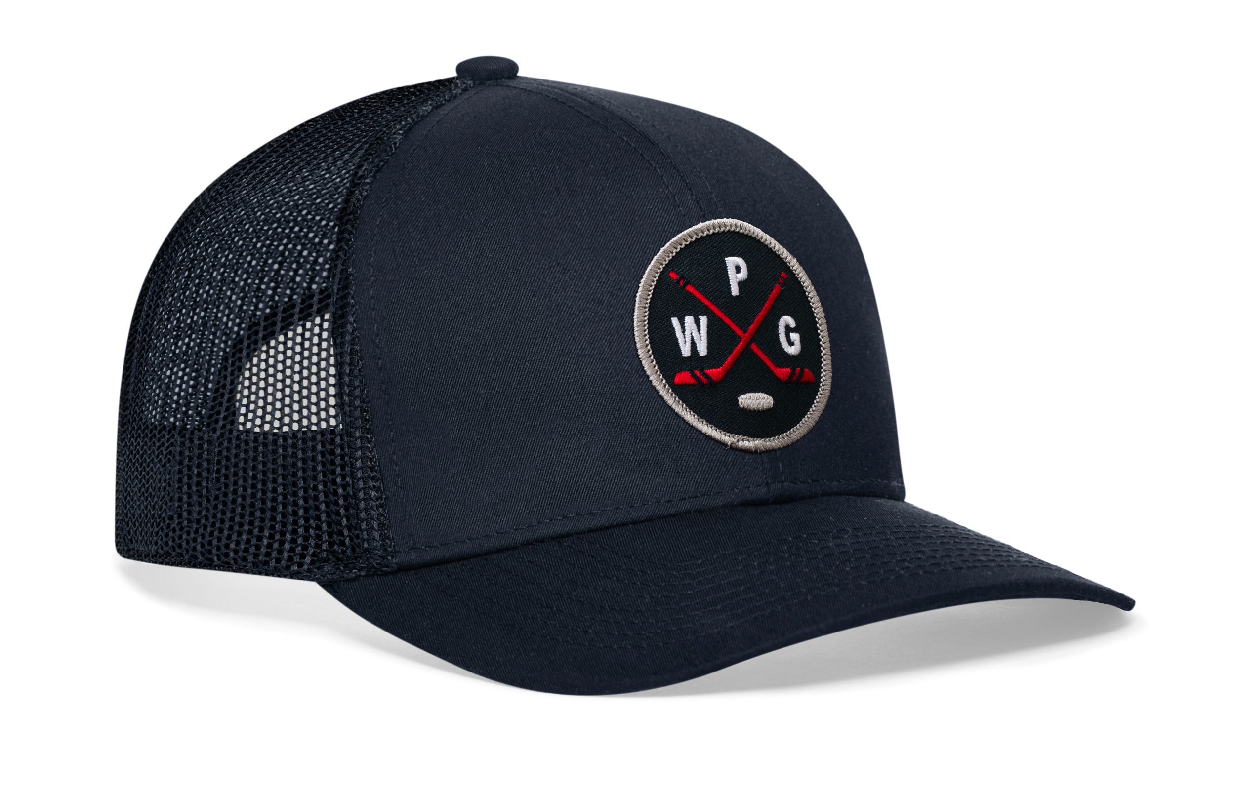 Navy hockey trucker hat with snapback and side logo patch, black mesh panels